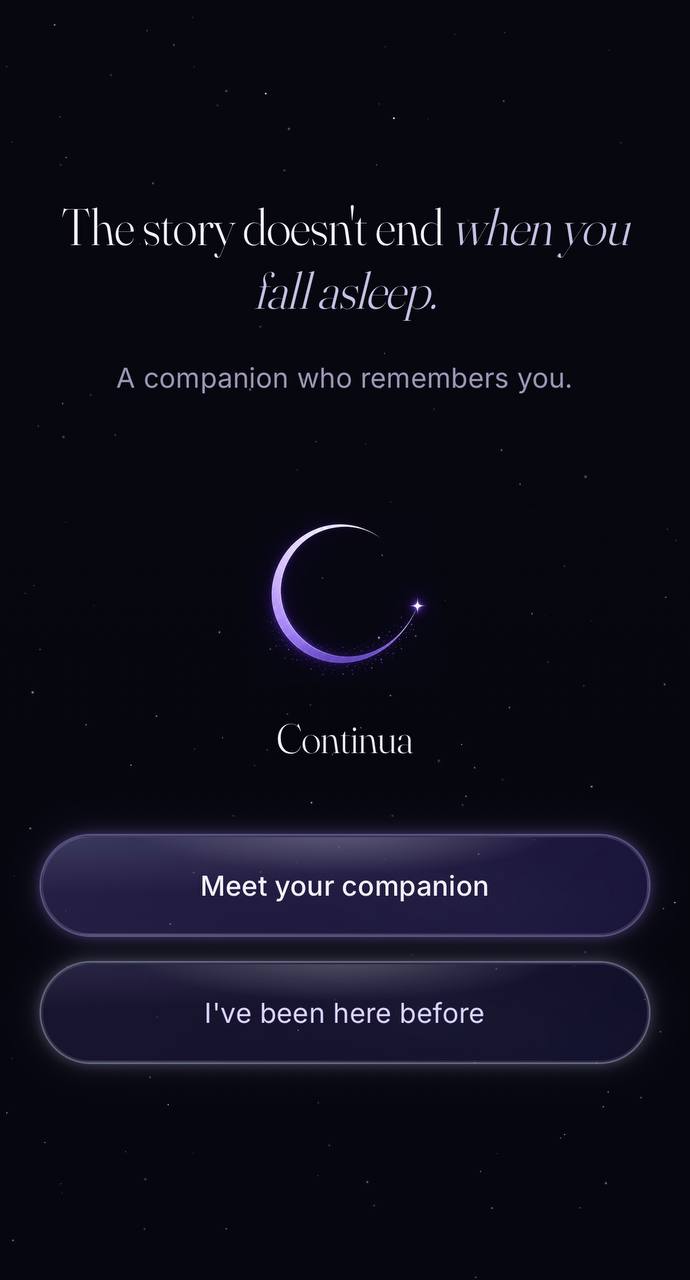 Continua welcome screen — the story doesn't end when you fall asleep